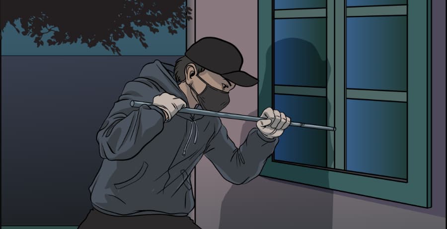 Illustration of burglar forcing entry through a window in Savannah